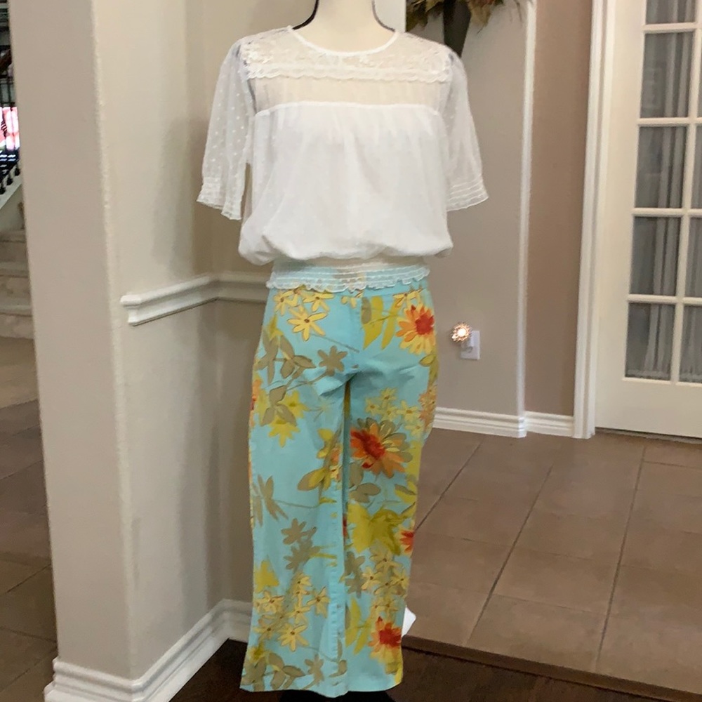 Vintage A’gaci  turquoise floral cropped pants Size S